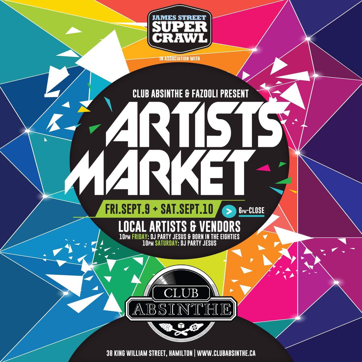 Stay dry @ #Supercrawl today and come by @ClubAbsinthe - we've got all kinds of vendors starting at 6pm! 🍾🎉 #HamOnt