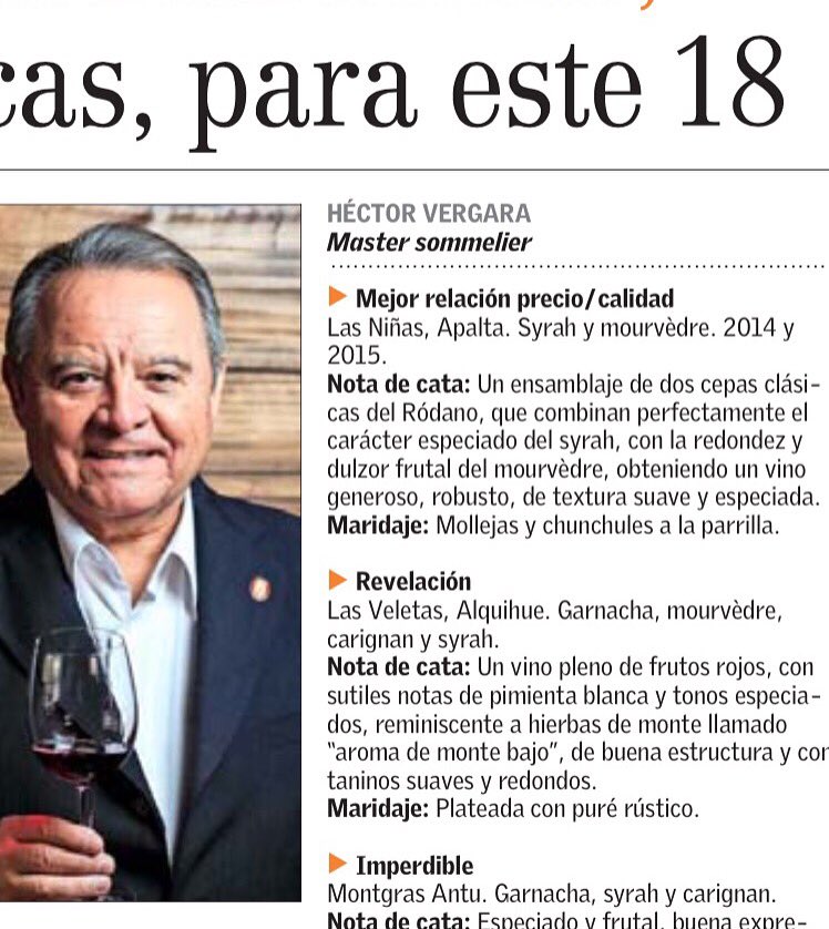 mundodelvinocl's tweet photo. 3 vinos para probar este #18 #hectorvergara @vinalasninas @MontGrasChile Antu y #lasveletas @EYN_ELMERCURIO https://t.co/26gkWXu1Ns