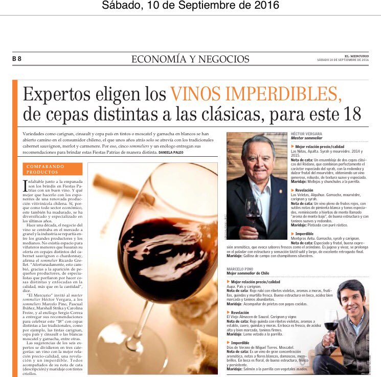 mundodelvinocl's tweet photo. 3 vinos para probar este #18 #hectorvergara @vinalasninas @MontGrasChile Antu y #lasveletas @EYN_ELMERCURIO https://t.co/26gkWXu1Ns