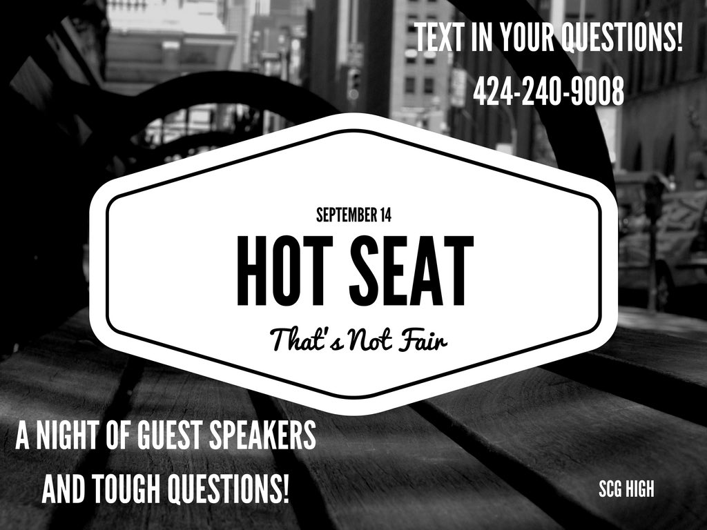 respecthechav's tweet photo. We're bringing back the HOT SEAT on Wed Night 9/14! Grilled Cheese Bar! #whatsyoquestion #textitin #apologetics https://t.co/HOm2wN7SB0
