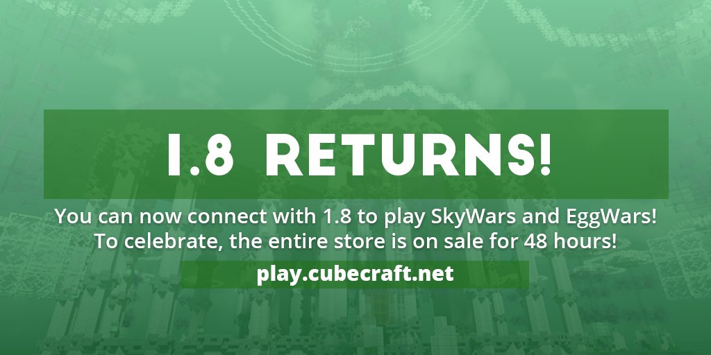 CubeCraftGames's tweet image. 🎉 SkyWars and EggWars 1.8 🎉

RT FOR A CHANCE TO WIN OBSIDIAN RANK!

Store sale to celebrate! store.cubecraft.net