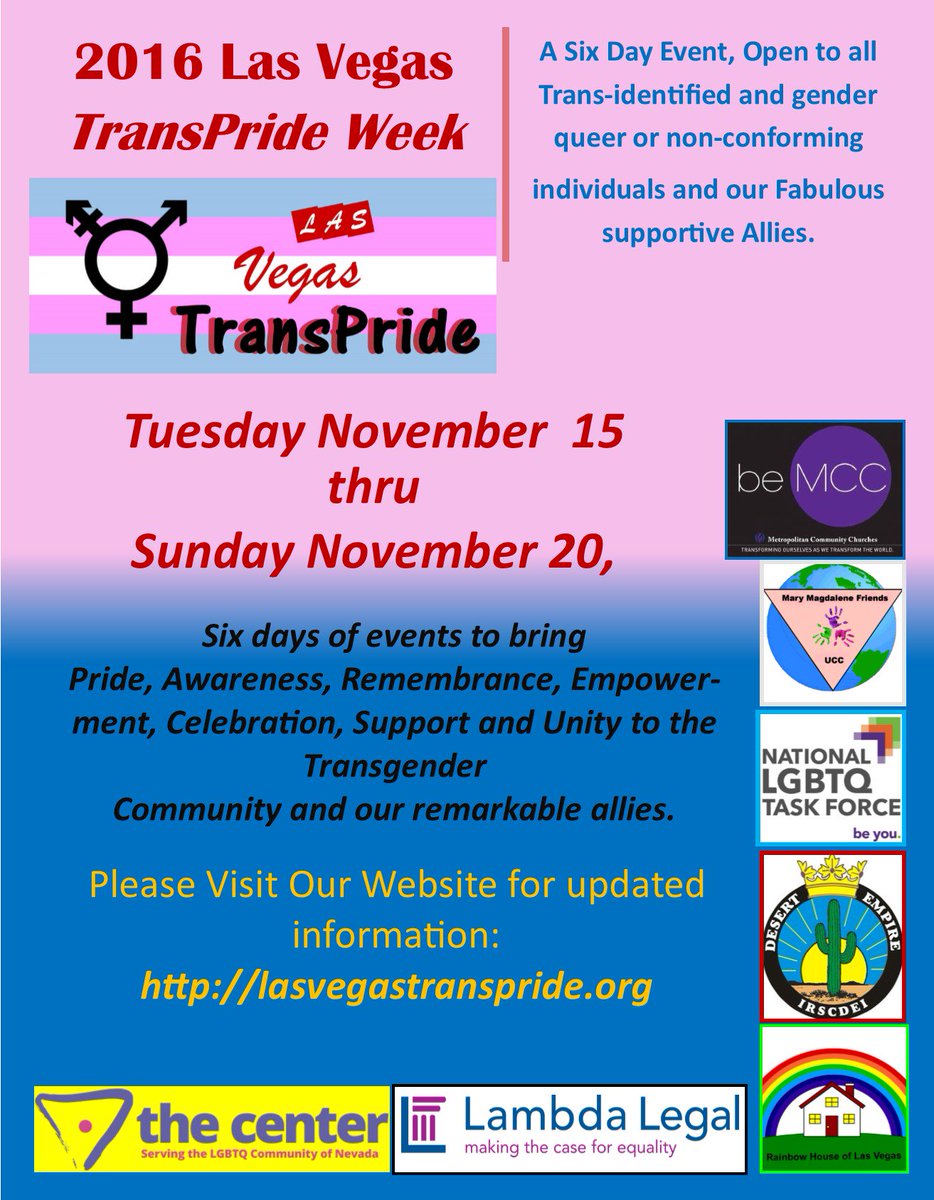 LV_TransPride's tweet photo. Join us on Tuesday, November 15 thru Sunday, November 20, 2016 @LV_TransPride
https://t.co/j1LYULuksw https://t.co/pD22pBcunC