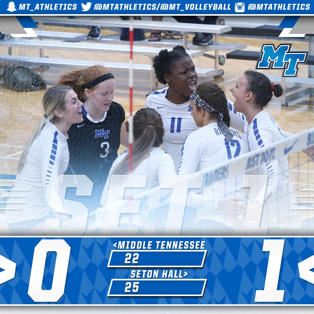 MT_Volleyball's tweet photo. #BlueRaiders rally but Seton Hall takes set one 25-22. #BlueRaiderBash https://t.co/HaxqTTvur0
