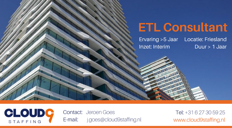 #ict #vacature Gezocht interim ETL Consultant voor lang interim project (Friesland) Bel of e-mail NU!