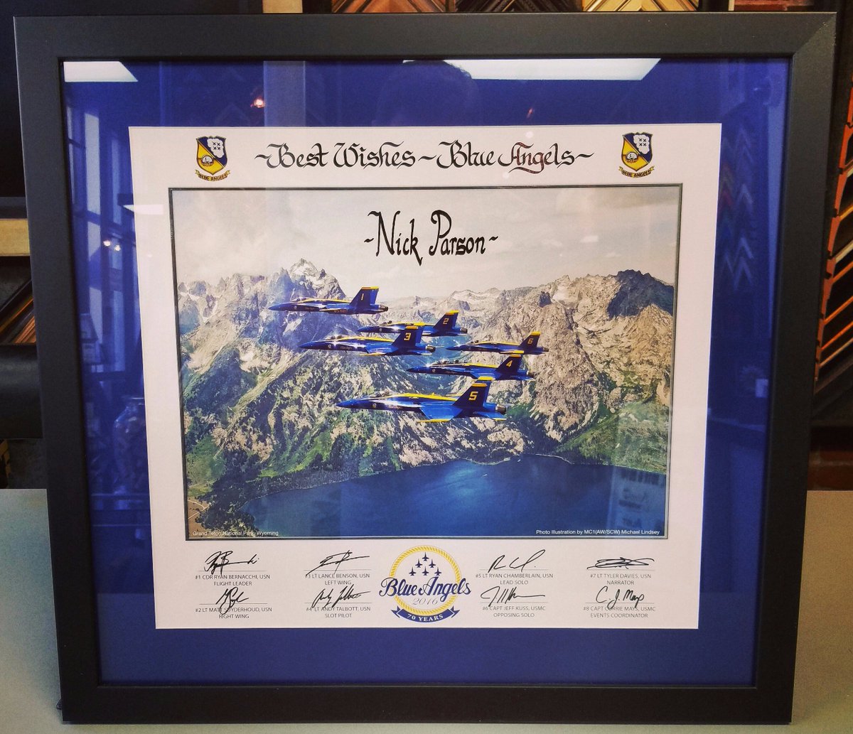 We were honored to frame this for members of the <a href="/rockies/">Colorado Rockies</a>​ organization! #art #pictureframing #blueangels