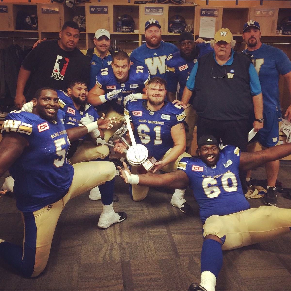 tbond252's tweet photo. The Oline after the Banjo Bowl win #bombers #Bluebombers https://t.co/lHivpJoMYp