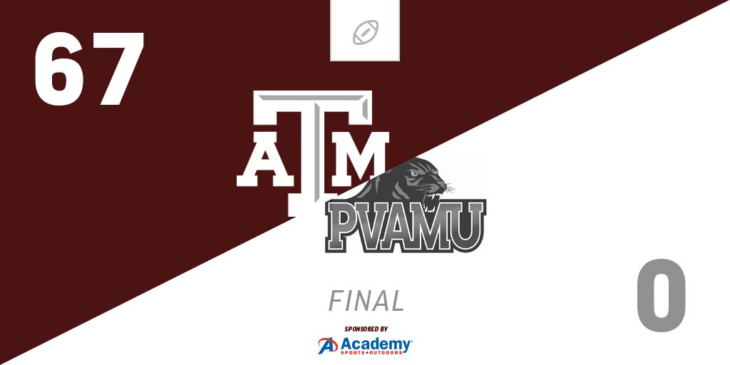 AggieFootball's tweet photo. 2-0
Texas A&amp;M defeats PV 67-0 at Kyle Field  #PVvsTAMU #12thMan 

pres. by @academy https://t.co/ZJ0uQ2F3SC
