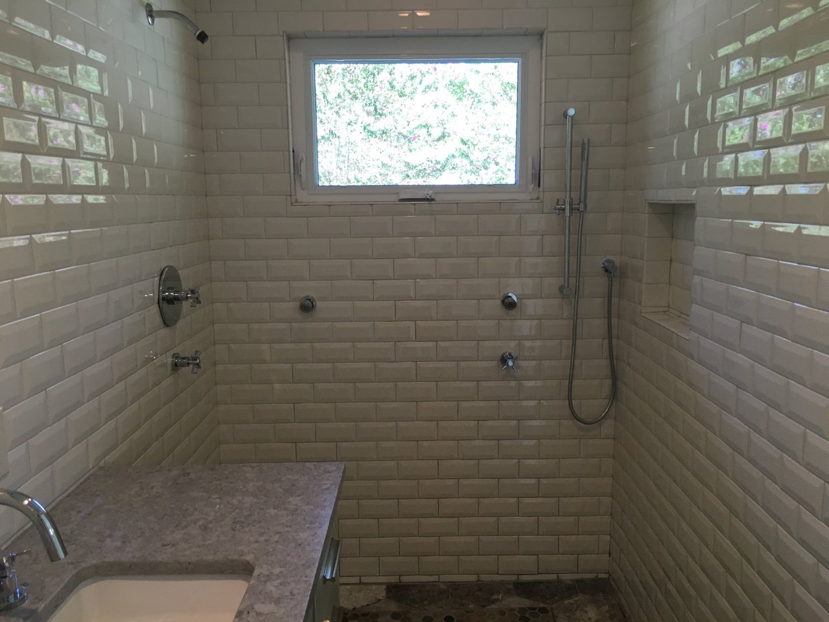 flooredaustin's tweet image. Beveled subway tile master shower