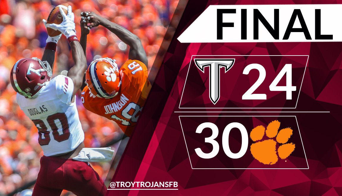 TroyTrojansFB's tweet photo. FINAL | Clemson 30, Troy 24

Great pride, toughness and fight shown by this Trojan football team #RTW #OneTROY https://t.co/DP8SQsIRqI
