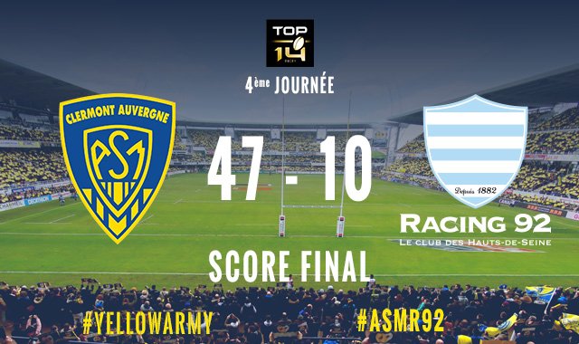 ASMOfficiel's tweet photo. Les "jaune et bleu" s'imposent 47 à 10 face au @racing92 #YellowArmy #ASMR92 https://t.co/ORL0Dsi2BL