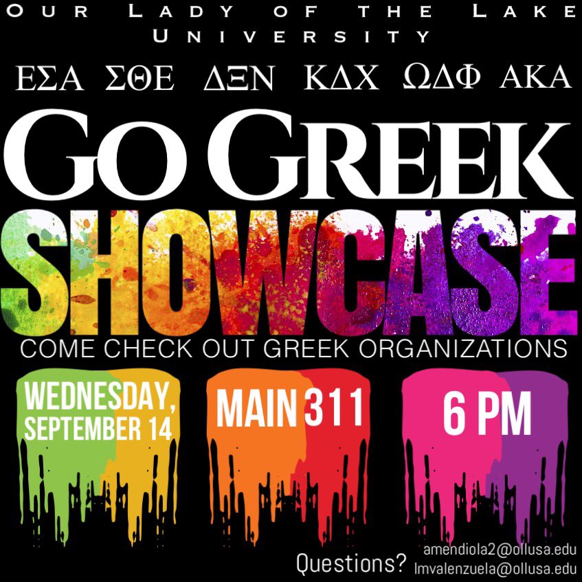 OLLUSGC's tweet photo. The Lake Greek Council is proud to present the GO GREEK SHOWCASE!  #OLLU #ΩΔΦ #ΣΘΕ #ΔΞΝ #ΚΔΧ #ΕΣΑ #ΑΚΑ  #GoGreek https://t.co/v90vziM0Em