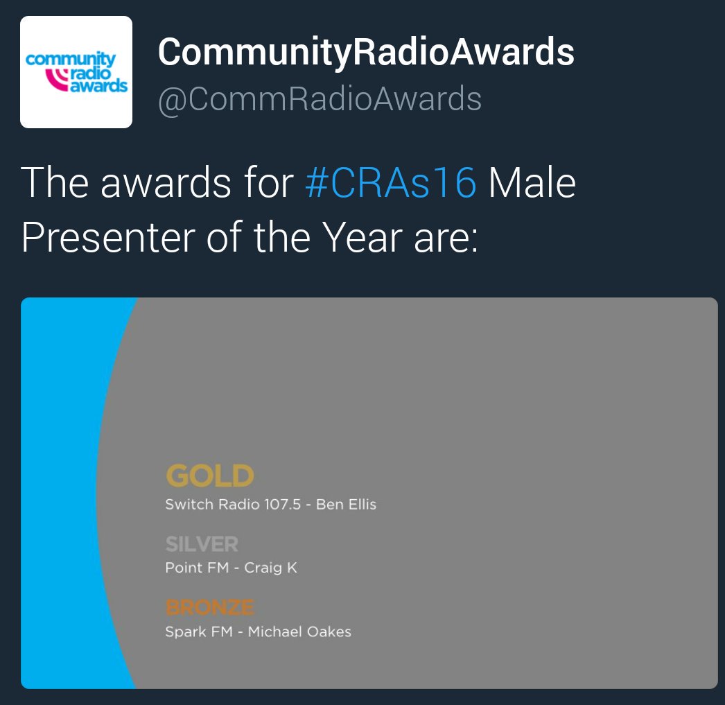 switchsport's tweet photo. #BreakingNews from @CommRadioAwards. #CRAs16 #Gold for our host @HashtagBenEllis! #Congratulations! https://t.co/yf7QtDYSAG