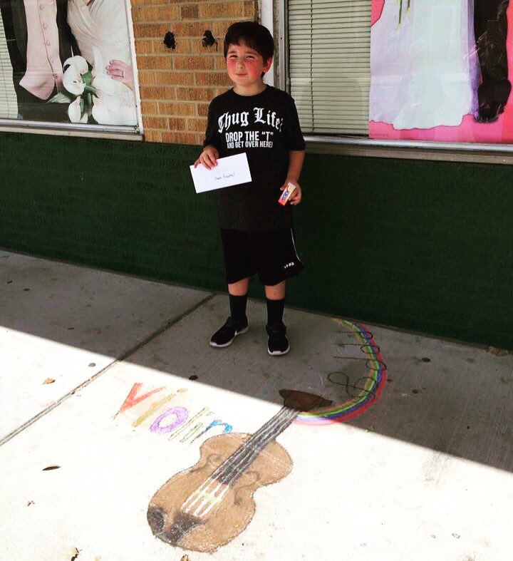 StricklandOrch's tweet photo. One of our talented 5th grade students- Jaxon- took 3rd place @ the Chalk Art Fest loving his violin! https://t.co/1eBbetbwHv