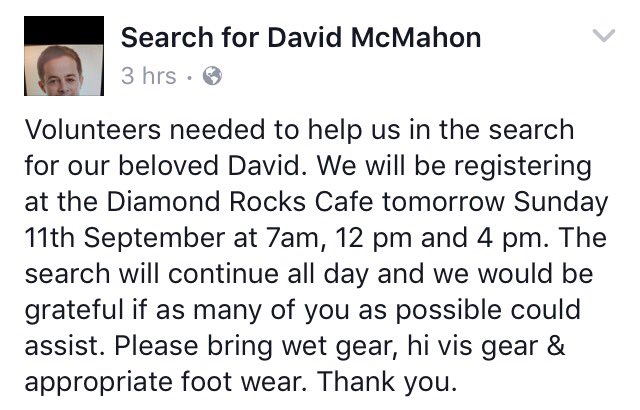 Volunteers needed in search for David McMahon tomorrow in Kilkee facebook.com/Search-for-Dav…