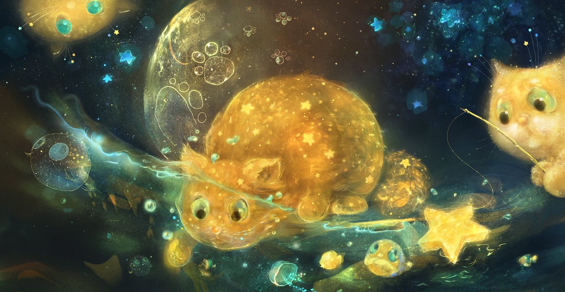 DeviantArt's tweet photo. Fun and imaginative, playful galactic cats fish for space creatures in this illustration. https://t.co/0nTdjBVcli https://t.co/WJdeUsB824