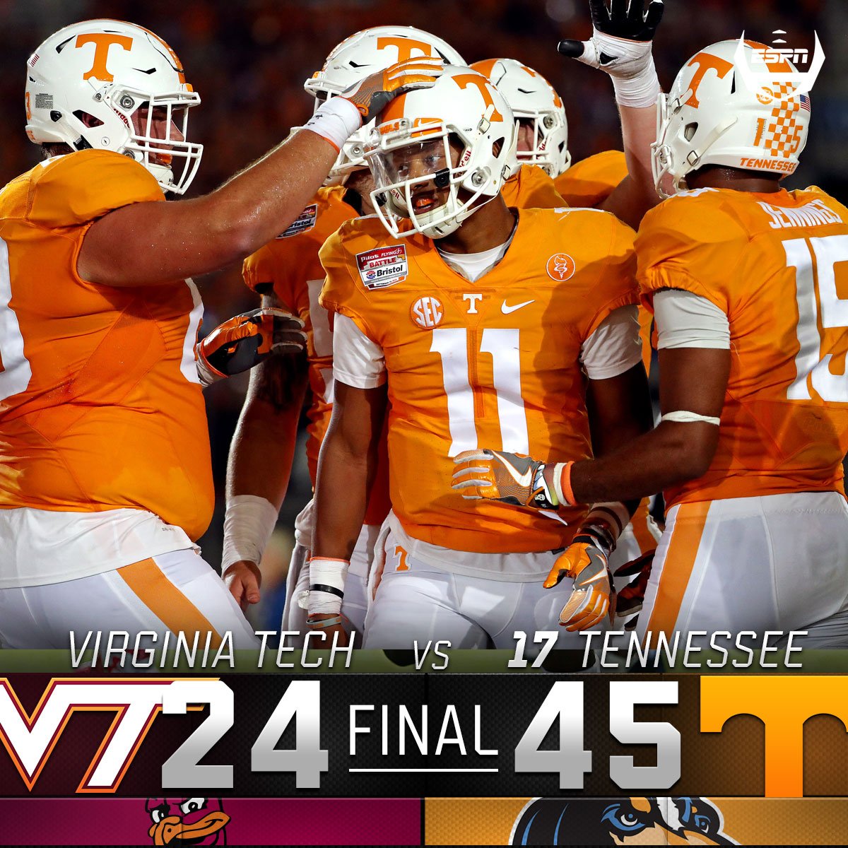 ESPNCFB's tweet image. Tennessee wins the biggest college football game ever!

The No. 17 Vols run past Virginia Tech 45-24 at Bristol.