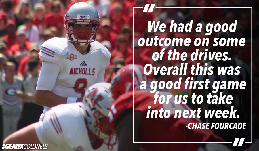 Nicholls_FB's tweet photo. True freshman @ChaseFourcade made his first collegiate start against No. 9 Georgia today. #GeauxColonels https://t.co/5aE6Dz0l7Y