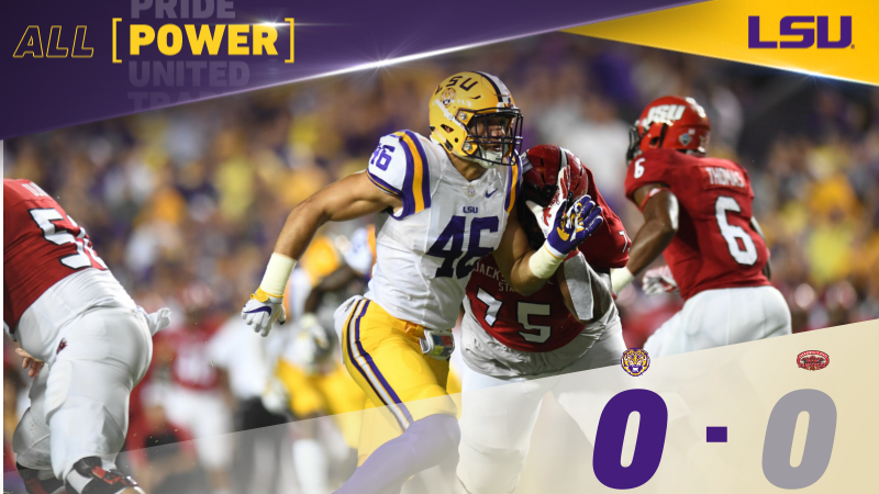LSUfootball's tweet photo. After one quarter, we are scoreless in Tiger Stadium. #LSUshop https://t.co/e1IC23LON4