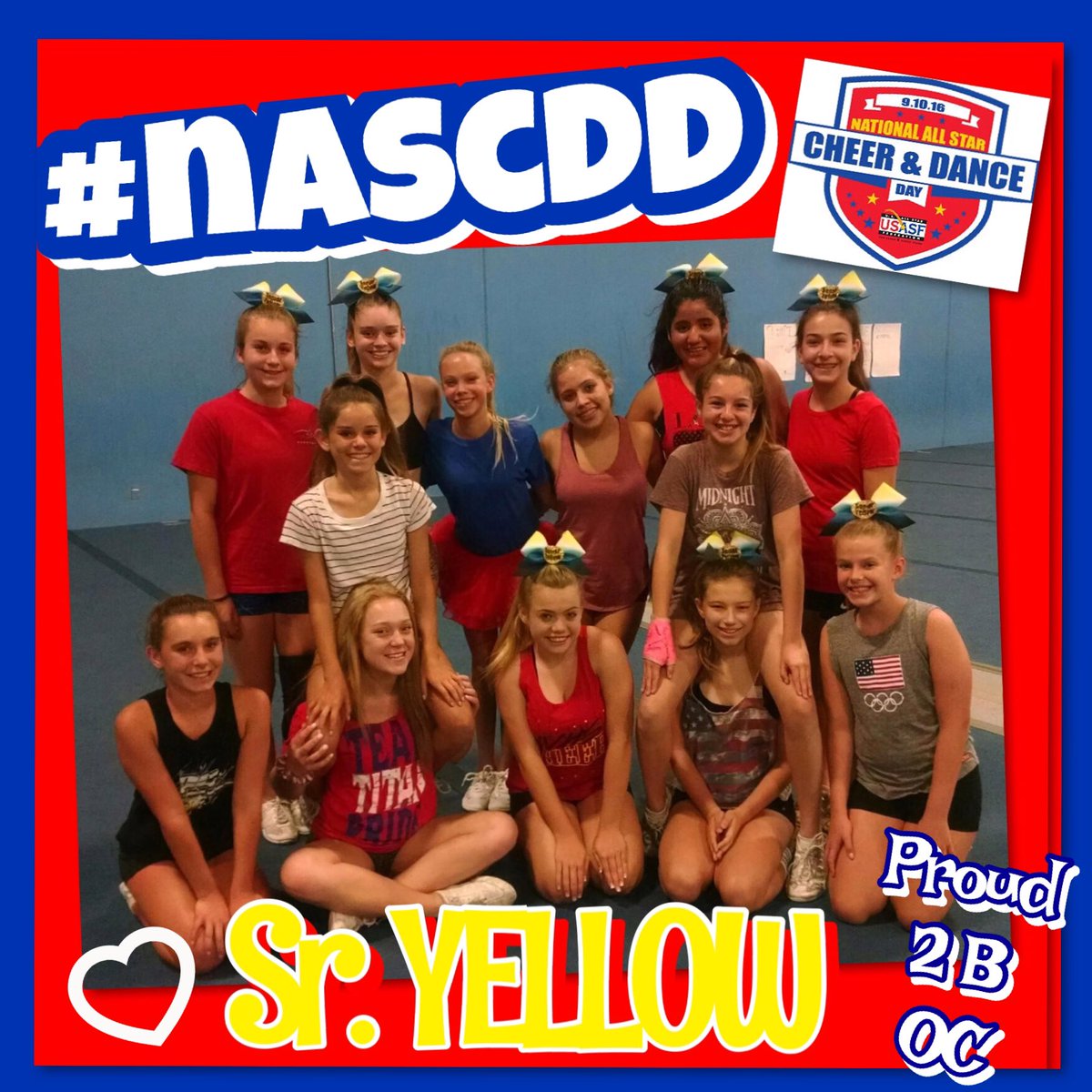 OCAllStars_'s tweet photo. Happy National All Star Cheer and Dance Day from Sr. YELLOW #ocS2 #nascdd2016 #proud2bOC #bigyellowbow @USASFcheer https://t.co/bwbTYZJcbM