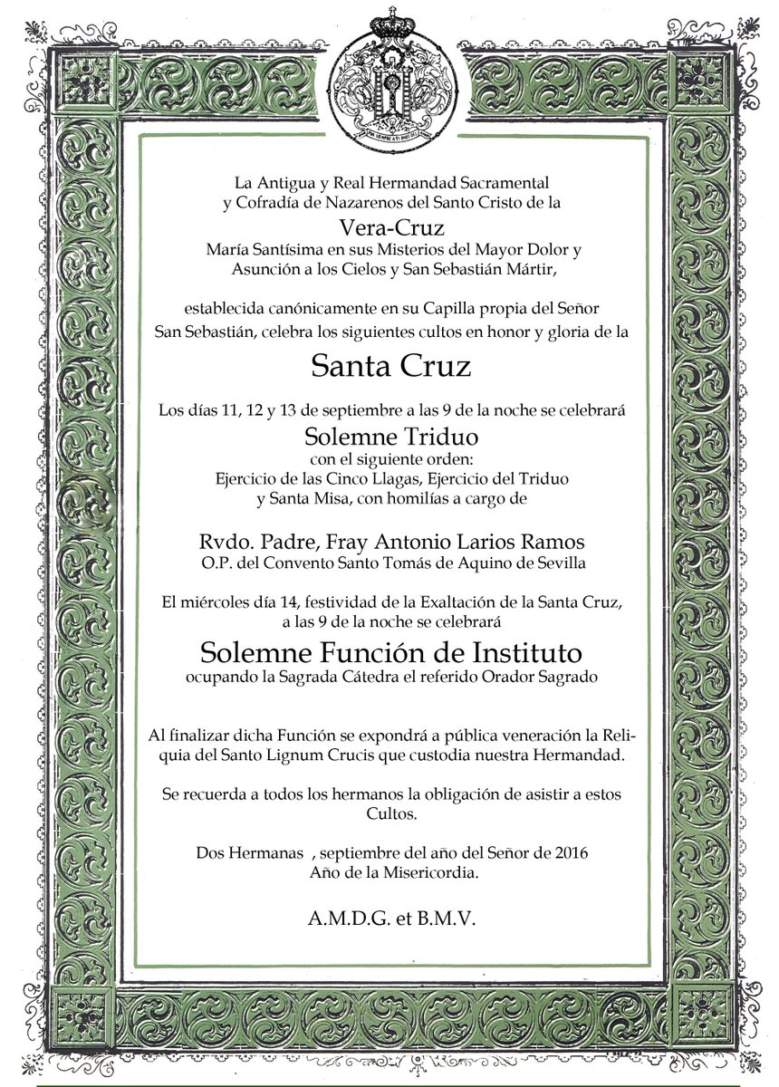 HdadVeraCruzDH's tweet photo. Hoy a las 21:00 horas comienza el Solemne Triduo a la Santa Cruz. Predica Fray Antonio Larios https://t.co/7FzyTylnLW