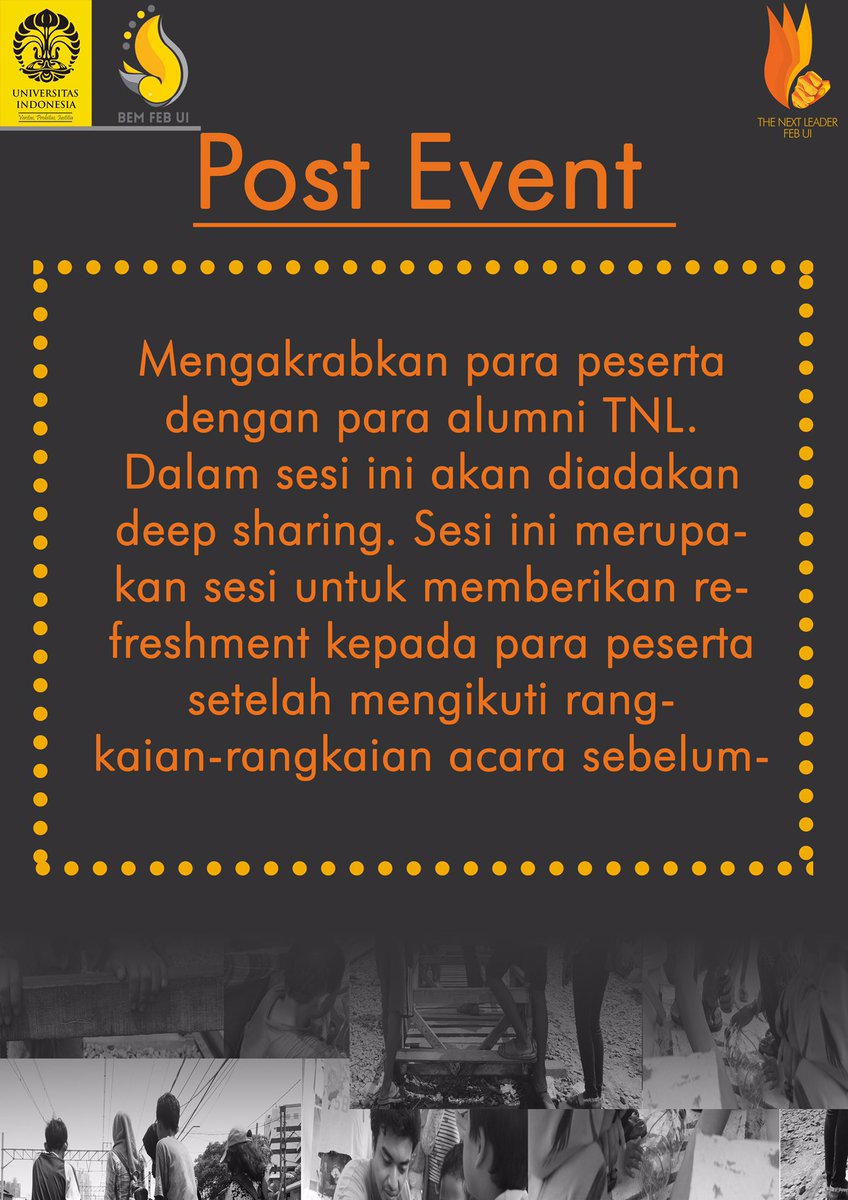 TNL_FEBUI's tweet photo. Di Post Event, akan ada sharing dr kakak alumi TNL kepada para finalis
The Next Leader FEB UI 2016
#Impactfulleader https://t.co/sKxw0HqOiT