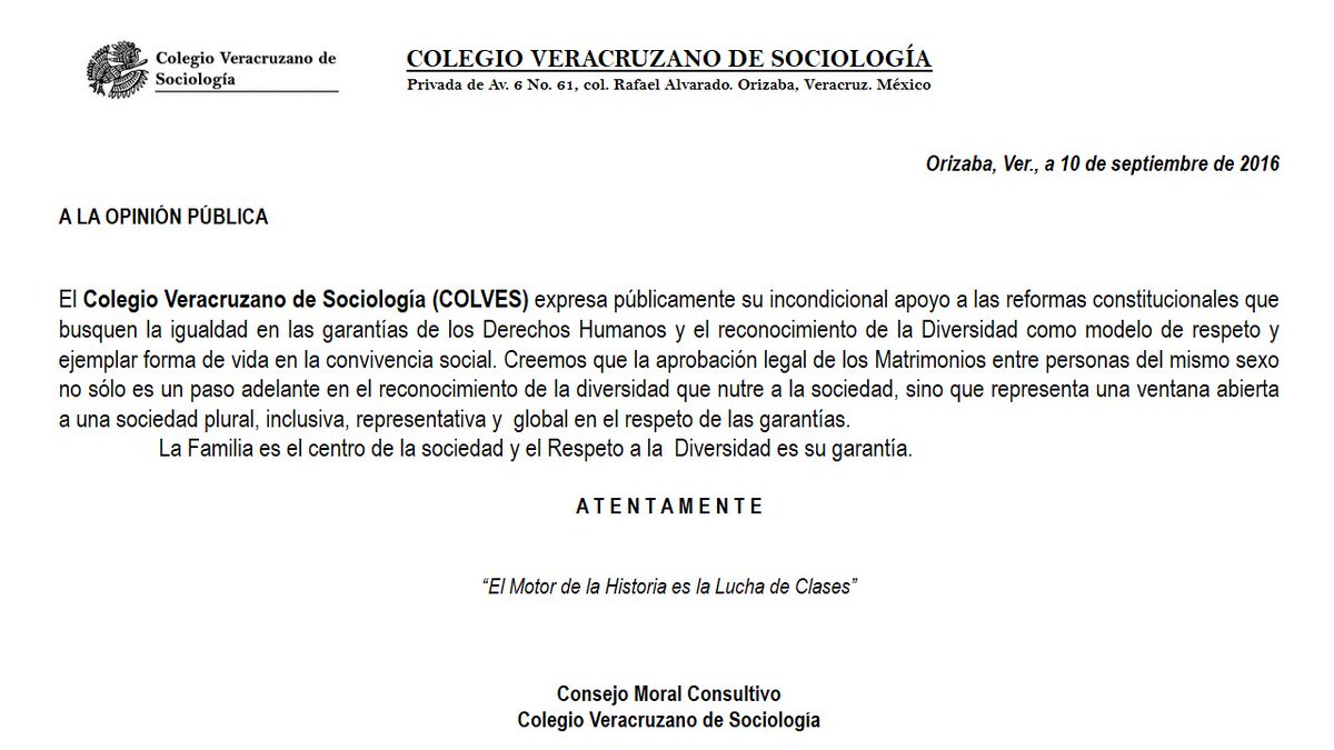 COLMES_MEX's tweet photo. Pronunciamiento del Colegio Veracruzano de Sociología en apoyo al #MatrimonioIgualitario #MéxicoDiverso #Colves https://t.co/sa9LFnJwNC
