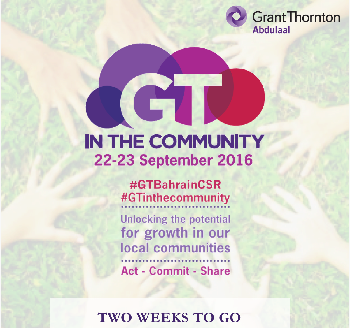 GTBahrain's tweet photo. Count down to #GTinthecommunity.. Two weeks to go !
#GTBahrainCSR #grantthorntonbahrain #GlobalCSR https://t.co/1io0JrpceX