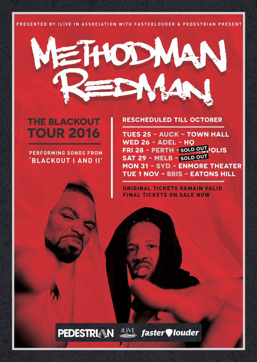 MoscaMediaOz's tweet photo. @methodman &amp; @therealredman are coming to Australia for their Blackout Tour! Tix available via @Ticketek_AU #hiphop https://t.co/Rv9dlXQlSF