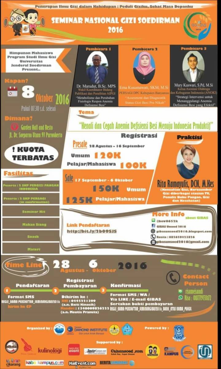 [INFO SEMINAR]
SemNas Gizi Soedirman 2016"Kenali dan Cegah Anemia Defisiensi Besi Menuju Indonesia Produktif"