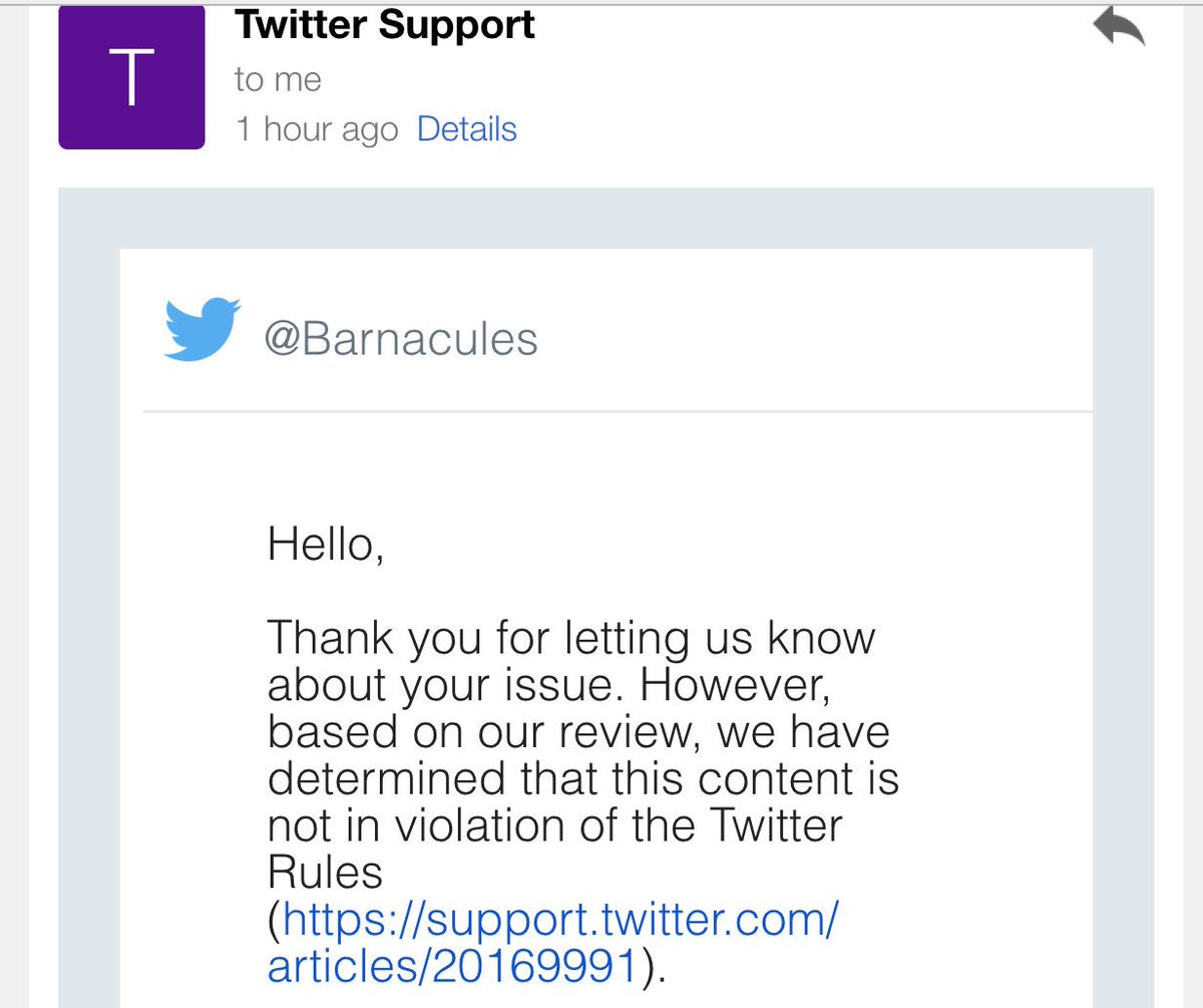 Barnacules's tweet image. Sad that @Support doesn't consider targeted harassment, death threats or wishing suicide on people a TOS violation.