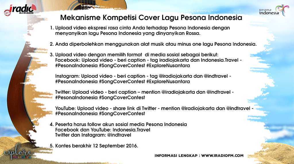 iSwaraJKT's tweet photo. Yuk rekam video Anda menyanyi' lagu #PesonaIndonesia dan raih hadiah liburan gratis. #SongCoverContest @indtravel https://t.co/g1uY3VEnwd