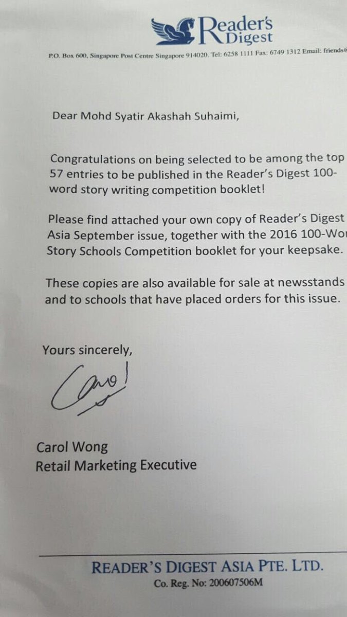 firdausabaziz_'s tweet photo. Congrats Syatir Akashah! It's a big achievement for your story to be in The Reader's Digest. Both for you and SDAR. https://t.co/0LJcgJG1xX