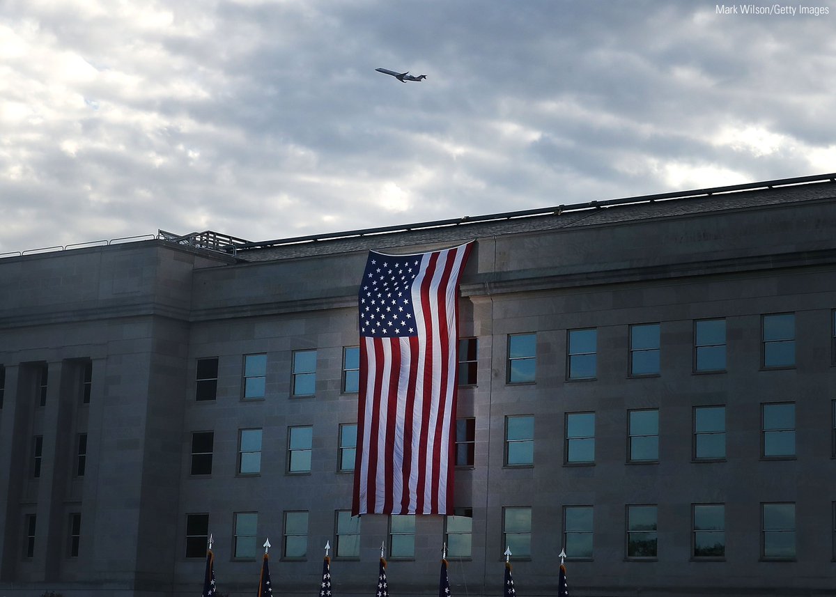 FoxNews's tweet image. An American flag is draped over the #Pentagon where it was hit by an airliner 15 years ago, September 11, 2016.