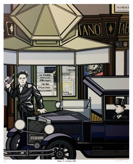 El 11 de septiembre de 1926, el anarquista Gino Lucetti atenta contra MUsollini. Aqui lo ilustra Flavio Costantini