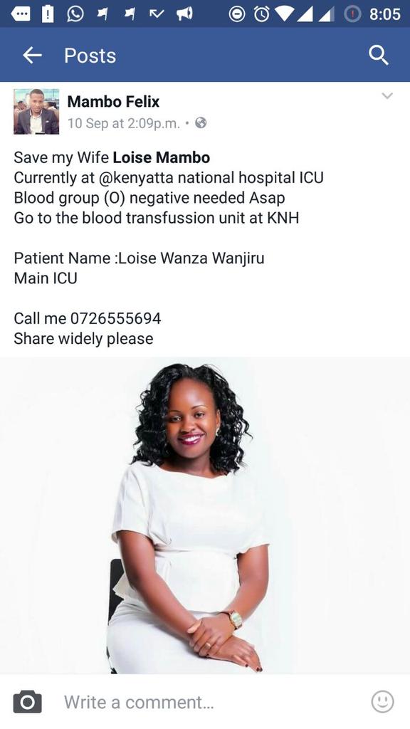 Blood group (O-) needed Asap.
( Call him 0726555694). Kenyatta Hospital, main ICU. #blooddonation #saveloisemambo #