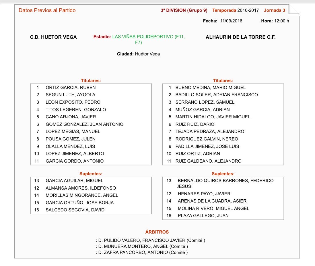 Alineaciones y trío arbitral del <a href="/CDHuetorVega/">CD Huétor Vega</a> vs <a href="/Alh_TCF/">Alhaurín Torre CF</a> #J3 #3aDivGr9