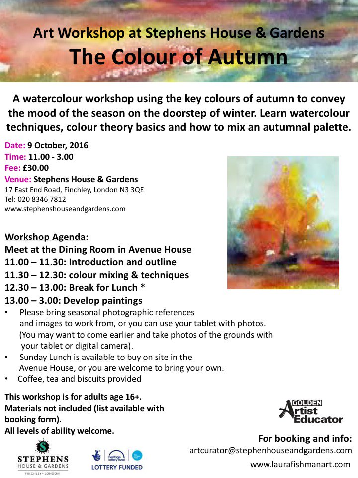 EastFinchOpen's tweet photo. Don't forget to book your place @LauraFishman next workshop The Colour of Autumn @stephenshouse &amp; Gardens Sun, 9 Oct https://t.co/uIrEkYosde