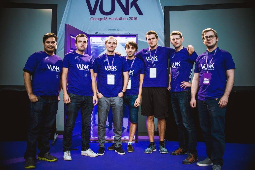 garage48's tweet photo. And we have a WINNER! Super glad to see those dedicated guys up on stage! Congads to Cadirect! Fly high! #getvunked https://t.co/7eUdeGtSLm