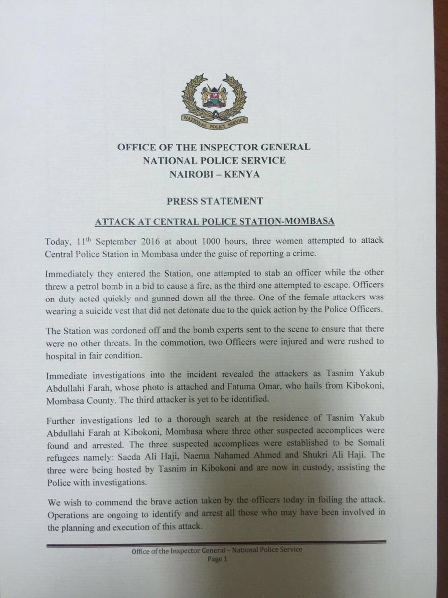 InteriorKE's tweet photo. "We wish to commend the brave action by our officers in foiling the attack on Msa central police station." https://t.co/YOIfYwUYEB
