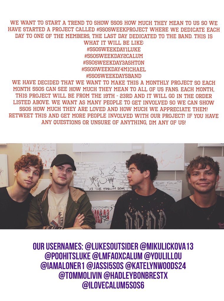 5sosweekproject's tweet image. Hei everybody! We wanted to start this project again and we hope than as many as possible will join us ❤️