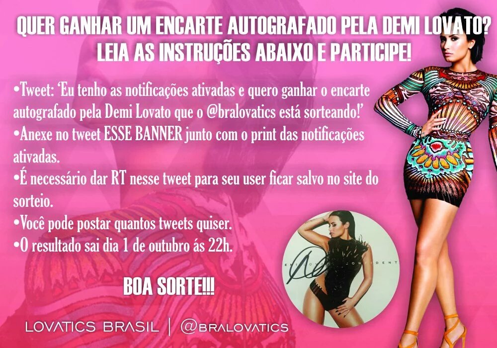 bottconta's tweet image. Eu tenho as notificações ativadas e qr ganhar o encarte autografado pela Demi L. que o @bralovatics está sorteando!