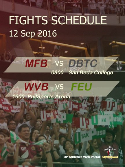 UPAWebPortal's tweet photo. #ForRedemption #UPFIGHT FIGHTS TOMORROW
#AngLiga Div2 @upmensfootball vs DBTC 
#SVL13 #BattleForBronze @UPWVT vs FEU https://t.co/s2YraDKDJi