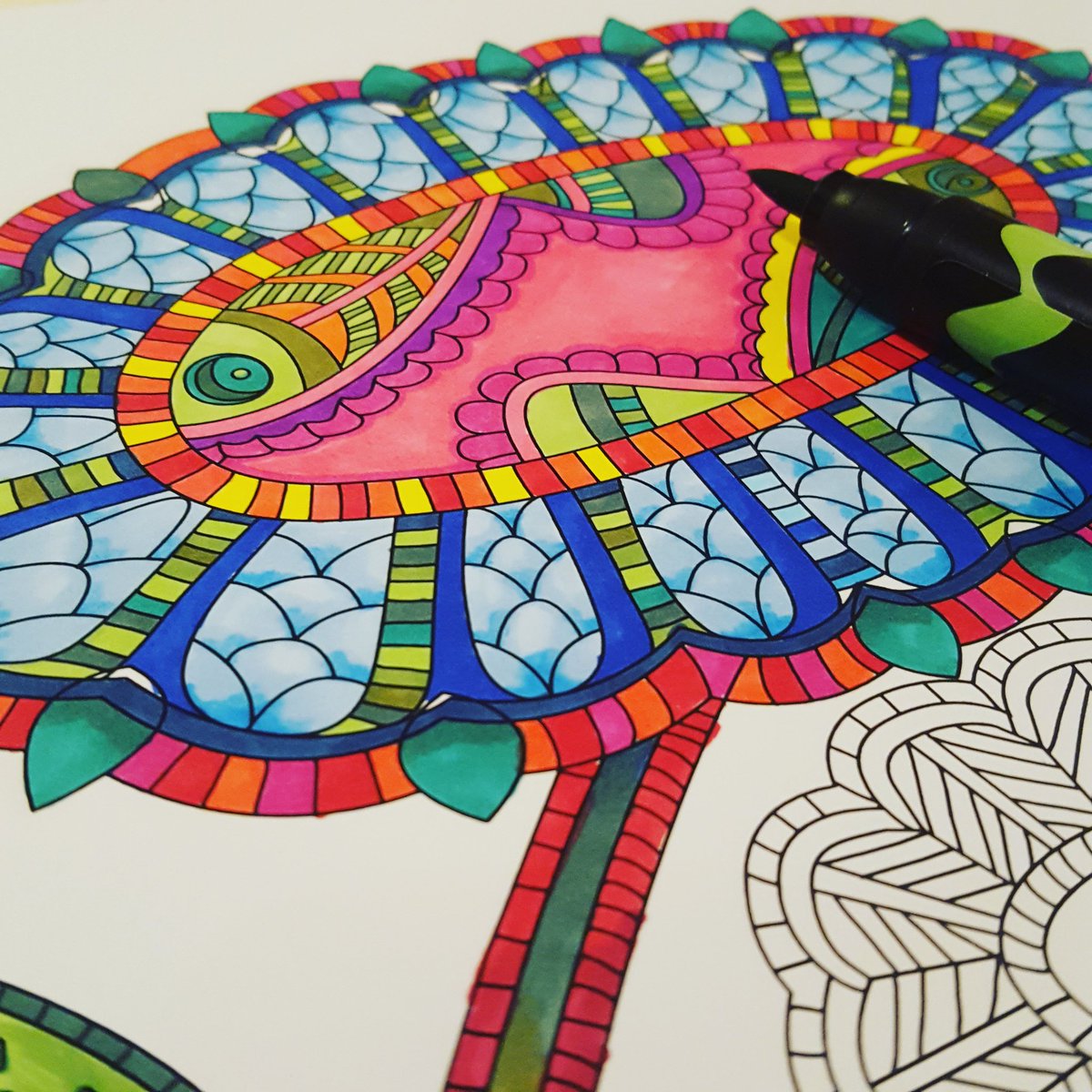 Studio324's tweet photo. Another #colouring #wip from our upcoming #colouringbook! #studio324 #adultcolouringbook #MadForMadhu #colouring https://t.co/NOK7gA0Kbr