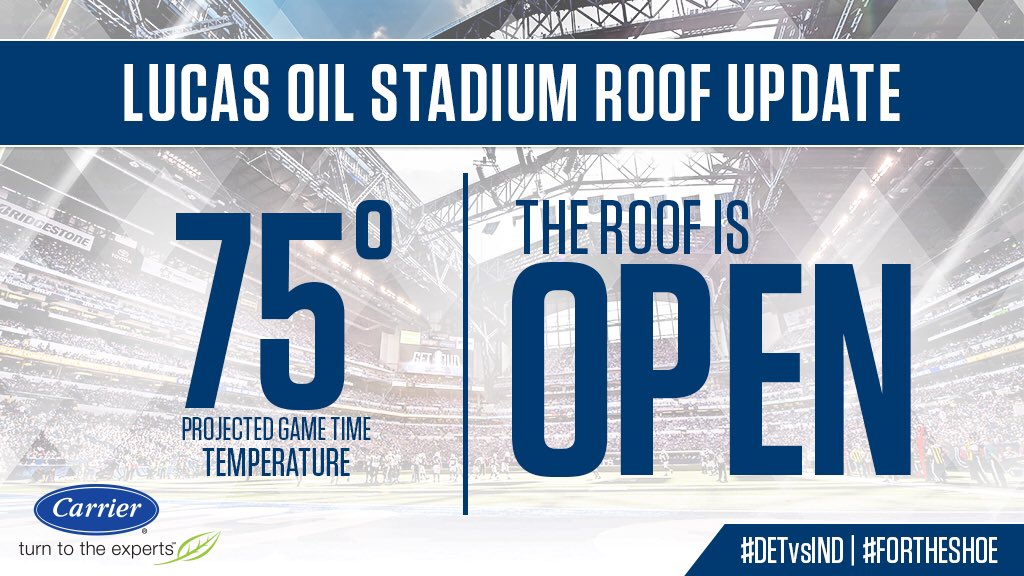 Colts's tweet photo. The roof will be open for #DETvsIND. 

#ForTheShoe https://t.co/fqQOq1SY4u