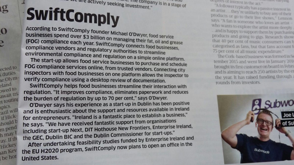 SwiftComply's tweet photo. Delighted to feature in Sunday Business Post Top 100 startups today https://t.co/Z5hIkqDFqk