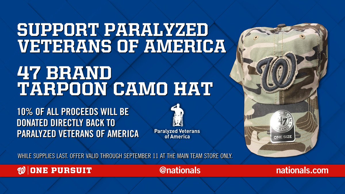 PVA1946's tweet photo. Like this #Nats camo hat? Stop by the main team store &amp; get yours! 10% of proceeds benefit @PVA1946 #OnePursuit https://t.co/u5AfaqjvMQ