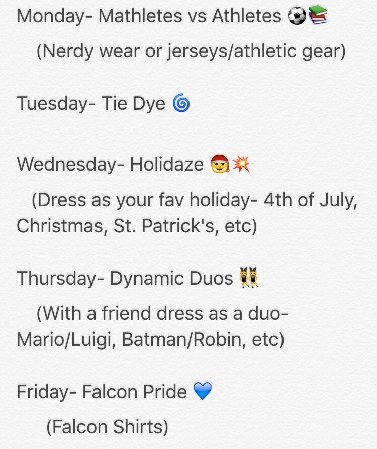 FHSstudentsec_'s tweet photo. Homecoming Week Themes!! @fhsfalcons1 https://t.co/oCNn2WrScy