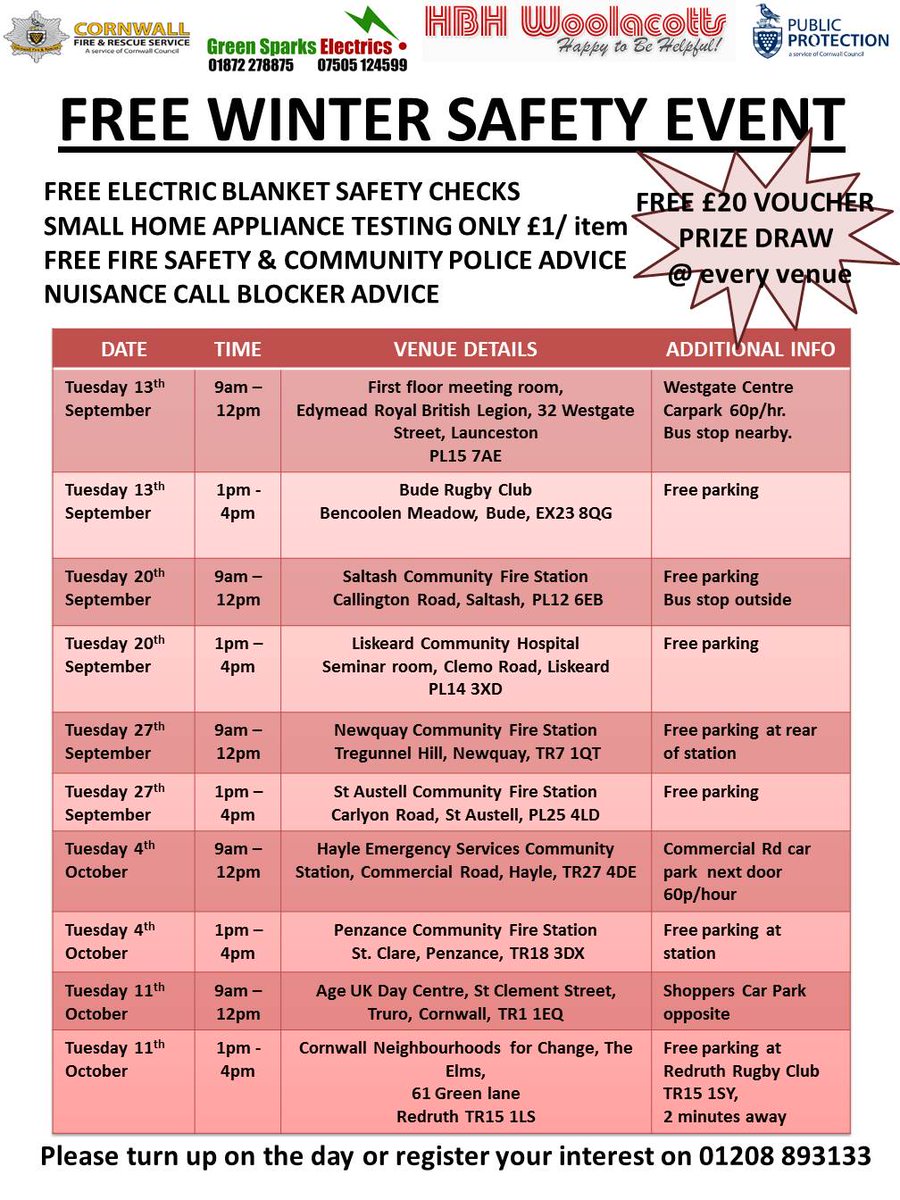 CornwallFRS's tweet photo. Not long until our free winter safety events begin! We are offering these events across #Cornwall from Sep - Oct! https://t.co/nJ8M3kNFFy