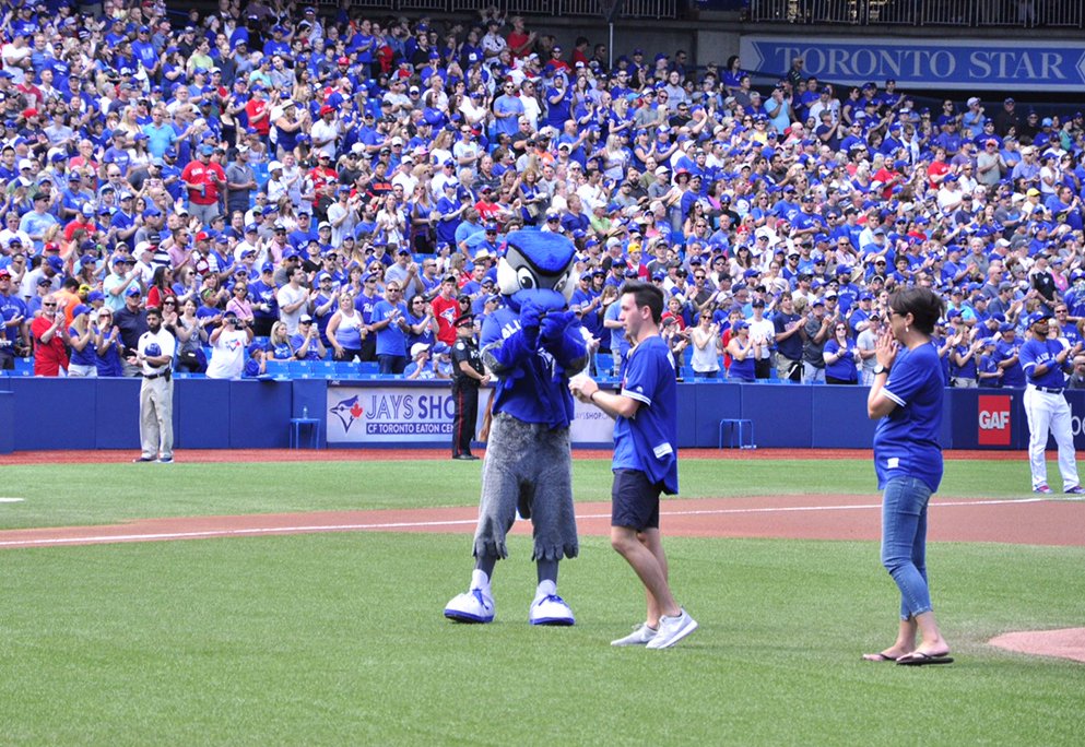BlueJays's tweet photo. Family of fallen firefighter, corrections officer and CAF veteran, Patrick Pidgeon, threw out today’s first pitch. https://t.co/27Xdx5nGIV