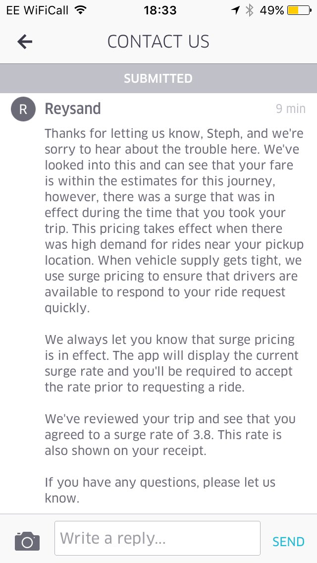 stephanielalle1's tweet photo. @Uber @Uber_Support I am disgusted that I have been charged nearly 4x my standard taxi fare for a so called "surge" https://t.co/PYP9ajAQpy